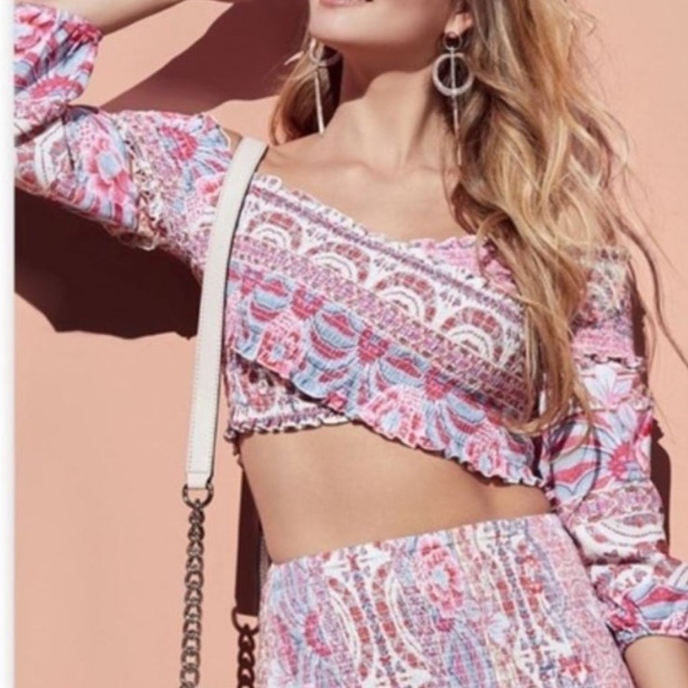 [S] GUESS Pink Floral Print Festival Inspired Crop Top with Lettuce Detail